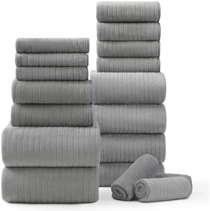18 Piece Bath Towels Set,Ultra Soft Family Bathroom Towel Set with Hanging Loops-6 Bath Towels,6 Hand Towels,6 Washcloths,Highly Absorbent Quick Dry Shower Towel for Bathroom,Hotel,Spa-Grey Towel Set
