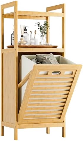 HITNET Tilt Out Laundry Hamper, Bamboo Laundry Basket with Foldable Bag and 2 Open Shelves, Freestanding Clothes Storage Organizer for Bedroom, Bathroom, Living Room, Natural