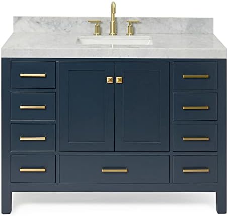 ARIEL Cambridge 48-inch Bathroom Vanity with Sink,Solid Wood, 2-inch Italian Carrara Marble Countertop, Single Rectangular Porcelain Sink, 2 Soft Closing Doors, 9 Dovetail Drawers, Midnight Blue