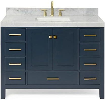 ARIEL Cambridge 48-inch Bathroom Vanity with Sink,Solid Wood, 2-inch Italian Carrara Marble Countertop, Single Rectangular Porcelain Sink, 2 Soft Closing Doors, 9 Dovetail Drawers, Midnight Blue