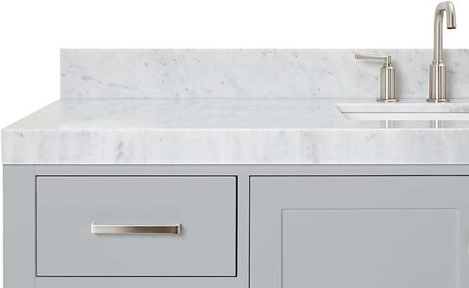 ARIEL Cambridge 60-inch Bathroom Vanity with Sink,Solid Wood, 2-inch Italian Carrara Marble Countertop, Single Rectangular Porcelain Sink, 2 Soft Closing Doors, 9 Dovetail Drawers, Grey