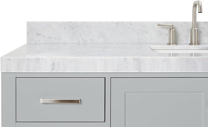 ARIEL Cambridge 60-inch Bathroom Vanity with Sink,Solid Wood, 2-inch Italian Carrara Marble Countertop, Single Rectangular Porcelain Sink, 2 Soft Closing Doors, 9 Dovetail Drawers, Grey
