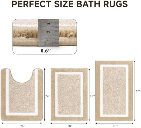 Pauwer 3 Piece Bathroom Rug Set, Non Slip Washable Bath Mat, Beige