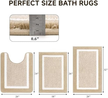 Pauwer 3 Piece Bathroom Rug Set, Non Slip Washable Bath Mat, Beige