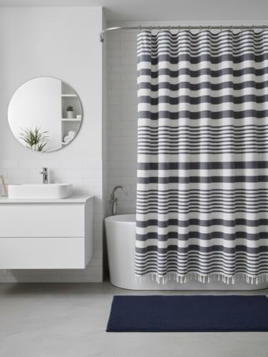 Serafina Home Denim Blue & White Striped Cotton Shower Curtain with Fringe