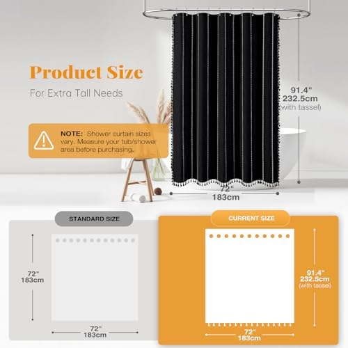 BTTN 72 x 90 Boho Linen Heavy Duty Cloth Shower Curtain Set, Black White
