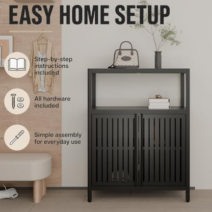 Bamboo Storage Cabinet, Black Freestanding Bathroom Cabinet