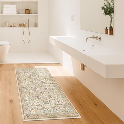 Hazo Haus Boho Bathroom Runner Rug 2x5 - Floral & Bird Runner Rug for Kitchen Floor, Hallway, Laundry Room, Bedroom, Entrance, Beige Neutral Vintage Decor, Washable Non Slip Low Pile