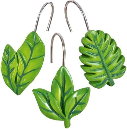12-Piece Green Leaves Leaf Shower Curtain Hooks for Bathroom