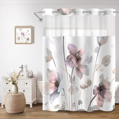 No Hook Shower Curtain and Liner Set, Pink Boho Floral 71x84