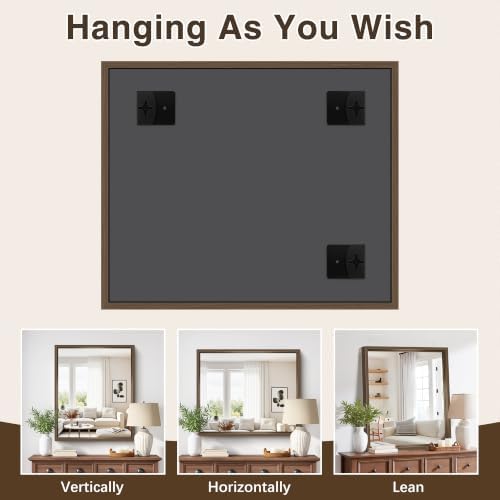 Bathroom Mirror, 30 x 36 inch Walnut Wood Grain Colored Aluminum Metal Frame Bathroom Vanity Mirror, Rectangle Wall Mirror for Bedroom Living Room, Tempered Glass, Horizontal or Vertical