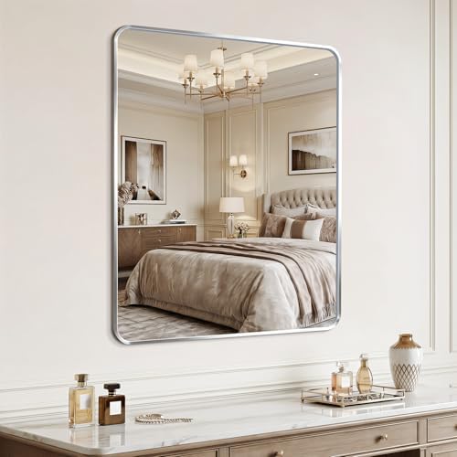 Bathroom Mirror for Wall, 30"x36" Black Bathroom Mirror for Over Sink, Shatterproof Tempered Glass Vanity Mirror with Anti-Rust Aluminum Alloy Frame, Hang Horizontally or Vertically, Silver