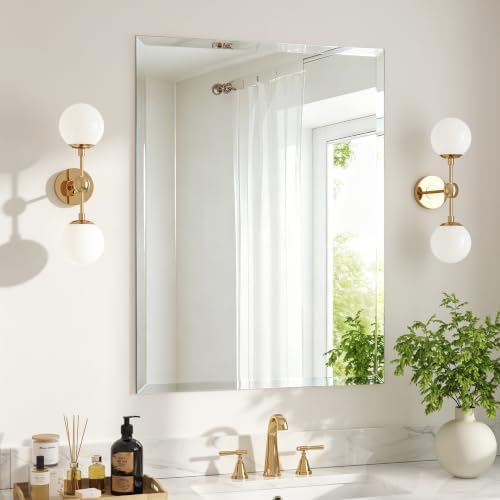 24" x 32" Frameless Bathroom Mirror Tempered Glass Wall Mirror Polished Edge Horizontal Vertical Hanging Silver Decor for Vanity Bedroom Entryway