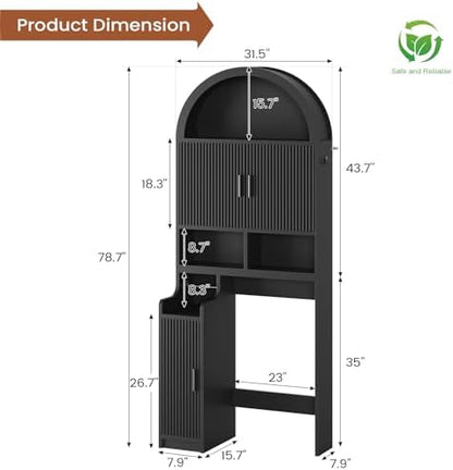 Itaar Arched Over The Toilet Storage Cabinet, 78.7" H Fluted Bathroom Organizer with Reversible Side Cabinet, Adjustable Shelves, Anti-Tipping, Hooks & Paper Holder for Bathroom Laundry Room, Black