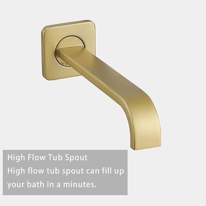 Brushed Gold Rain Shower System Tub Shower Faucet Set 12 Inch Square Rainfall Shower Head with Handheld Sprayer and Tub Spout Rough-in Valve Shower Mixer Combo Kit