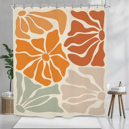 Matisse Flower Shower Curtain 60Wx72L Inch Abstract Retro Aesthetic Minimalist Vintage Art 70s Modern Orange Green Tan Bathroom Set Accessories Decor with 12 Pack Hooks