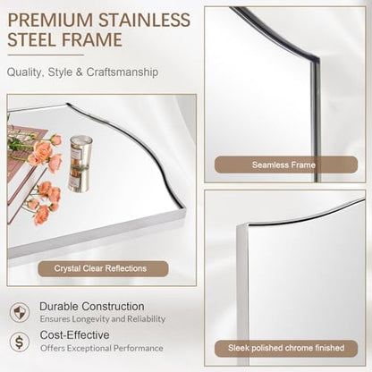 ANDY STAR 24"x30" Scalloped Mirror for Bathroom，Polished Chrome Rectangle Wall Mirror with Curved Edge Stainless Steel Metal Frame, Wall-Mounted Mirror for Bathroom, Entryway, Living Room