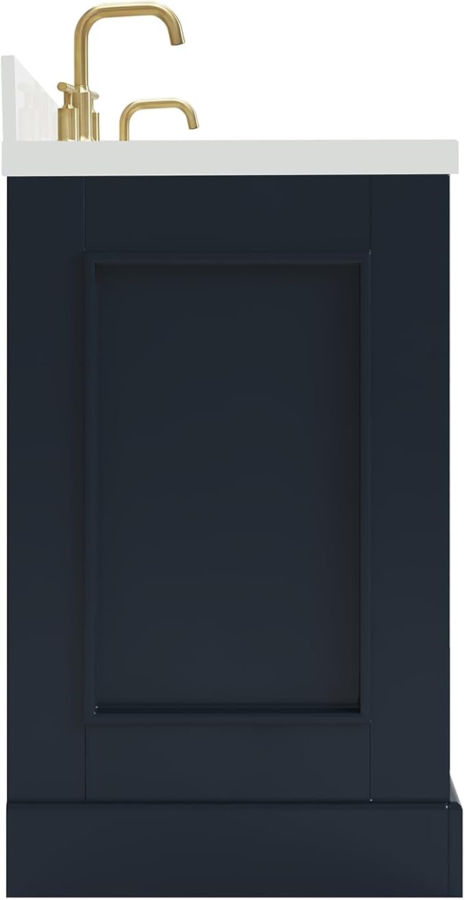 ARIEL Stafford 60-inch Bathroom Vanity with Sink,Solid Wood, 1.5-inch Pure White Quartz Countertop, Double Rectangular Porcelain Sink, 4 Soft Closing Doors, 6 Dovetail Drawers, Midnight Blue