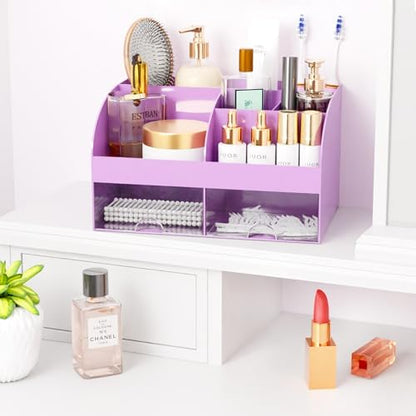 Makeup Organizer with Drawers, Cosmetic Storage for Dresser Vanity and Bathroom Countertop, Beauty Holder for Lipstick Brush, Skincare Organizer for Vanity, Cosmetic Display Case (Purple)
