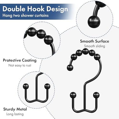 Bathway Shower Curtain Hooks Matte Black Shower Curtain Rings, 12 Pcs Double Hook Shower Curtain Hooks Rings Shower Curtain Hangers Rust Proof, Metal Shower Hooks for Bathroom Shower Curtain Rod