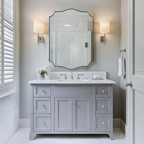 ANDY STAR Brushed Nickel Mirror, 24x32 Inch Unique Mirror for Bathroom, Silver Bathroom Vanity Mirror, Modern Curved Design, Rust-Proof Stainless Steel Metal Frame