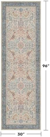 Hazo Haus Natural Red Blue 2'6"x8' Hallway Runner Rug, Boho Kitchen Floor Mat for Indoor Entrance and Bathroom, Washable Vintage Floral & Bird Pattern Decor, Non Slip Rubber Backing