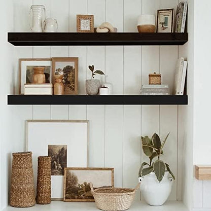 QEEIG Floating Shelves for Wall 35.4" Long - Wall Mounted Shelf Bathroom Kitchen Living Room Bedroom Farmhouse Home Decor Display Bookshelf Large 35.4 x 9.3 inch Set of 2, Black (008-90B)