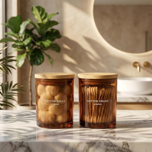 2 Pack Glass Qtip Holder Dispenser Set - Q Tip Holder for Bathroom Canister Qtip Dispenser with Lid for Cotton Balls, Swabs, Floss Picks, and Makeup Sponges ,Amber,Large Capacity
