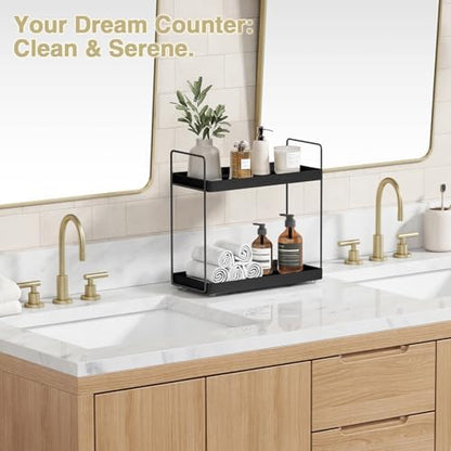 Forbena Black Bathroom Counter Organizer, Tiered Bathroom Organizer Countertop Tray, Corner Makeup Vanity Shelf Organizers and Storage for Men Perfume Skin Care Kitchen Sink Coffee Bar Station