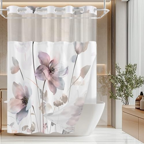 No Hook Shower Curtain and Liner Set, Pink Boho Floral 71x84