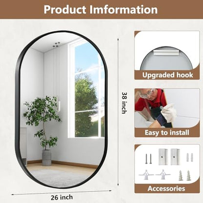 Black Oval Mirror, 26"x38" Oval Bathroom Mirror, Vanity Mirror with Brushed Metal Frame, Wall Mount Mirrors Decor for Bathroom, Bedroom, Entryway, Living Room(Hangs Horizontally or Vertically)