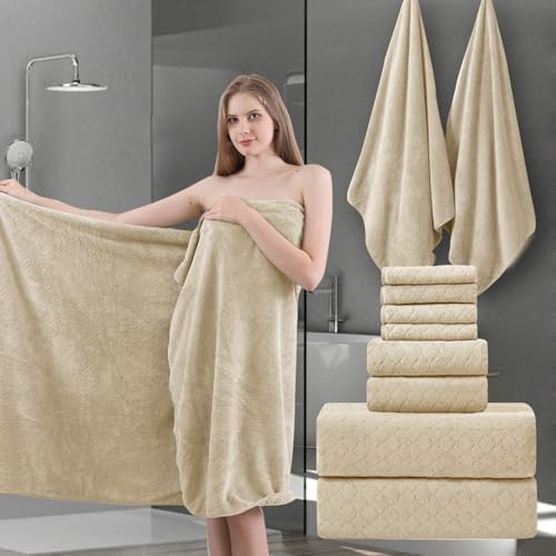 8-Piece Bath Towels Set,2 Oversized Large Bath Towel Sheet,2 Hand Towels and 4 Washcloths - 600 GSM Soft Microfiber Highly Absorbent Quick Dry Shower Towel Collection for Bathroom Hotel and Spa,Beige