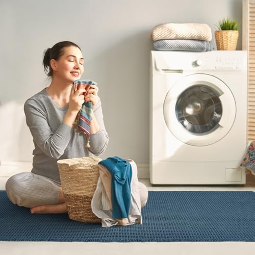 ZALL Dark Blue Waffle Bath Mat,Super Absorbent Non Slip Bathroom Rug, 24x72inch, Machine Washable Ultra Soft Floor Mats