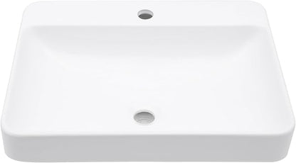 Rectangular Bathroom Vessel Sink, 24"W x 19"D Semi Recessed Bathroom Sink White Ceramic Porcelain Vanity Sink Basin Above Counter for Bathroom, Restroom & Home Use