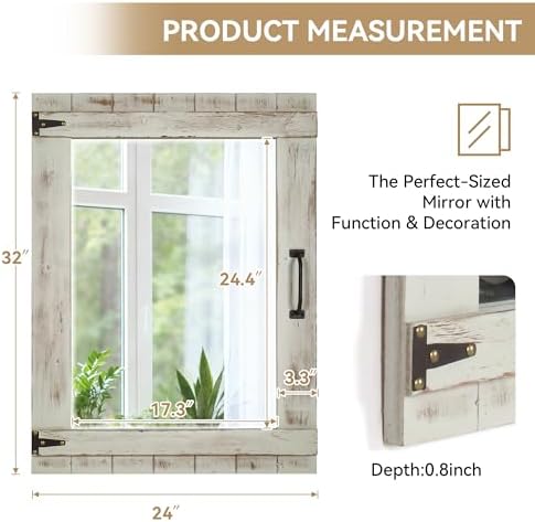 Oakrain Farmhouse Mirror, 24x32 Inch Distressed Gray Wood Frame with Black Metal Hinges, Rustic Wall Mirror for Bathroom, Living Room, Entryway, Bedroom