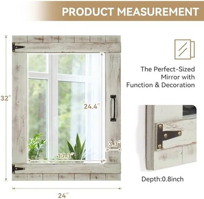 Oakrain Farmhouse Mirror, 24x32 Inch Distressed Gray Wood Frame with Black Metal Hinges, Rustic Wall Mirror for Bathroom, Living Room, Entryway, Bedroom