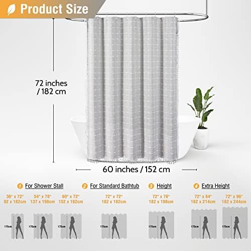 BTTN 60x72 Boho Farmhouse Linen Heavy Duty Shower Curtain Set, Gray/Grey