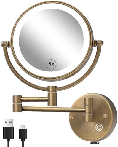 Makeup Mirror Wall Mounted with Lights, 5X Magnification, Antique Brass