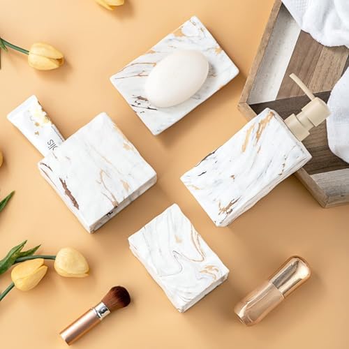RQYIXI Ceramic Bathroom Accessories Set,Gold,4 Piece,Marble Design