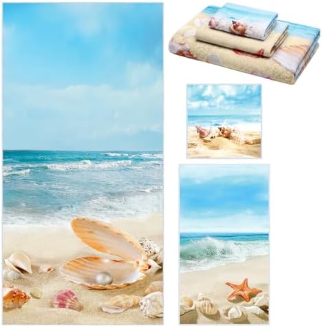 Moukeren Set of 3 Beach Bath Towels, Decorative Sea Towels for Bathroom