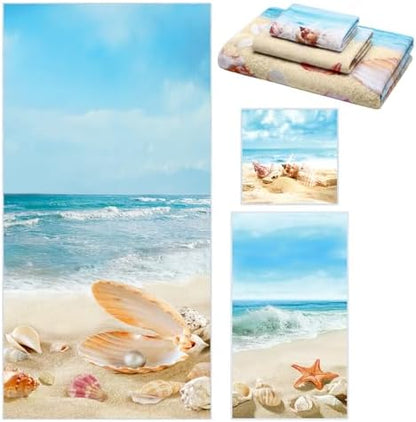 Moukeren Set of 3 Beach Bath Towels, Decorative Sea Towels for Bathroom