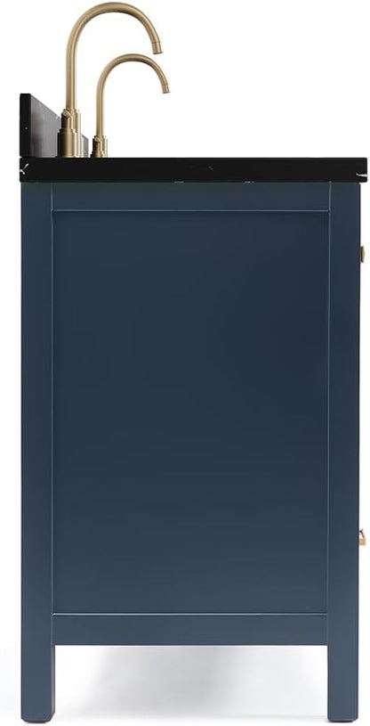 ARIEL Cambridge 60 Inch Double Rectangle Sink Bathroom Vanity with Nero Marquina Black Quartz Countertop 1.5 Inch in Midnight Blue
