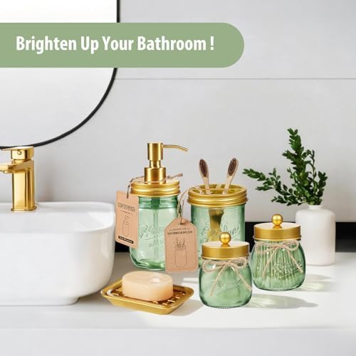 SheeChung Mason Jar Bathroom Accessories Set, 6Pcs Green Glass Bathroom Set