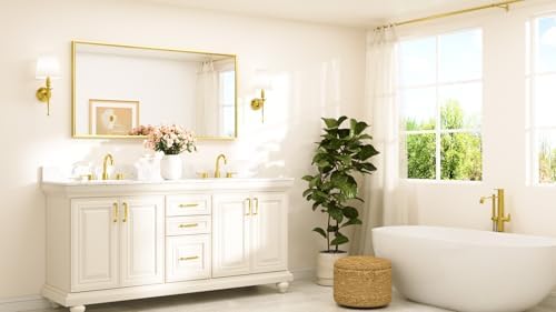 TETOTE Brushed Gold Mirror Beveled Frame 60" x 30" Large Brass Gold Rectangle Bathroom Vanity Wall Mirror for Over Sink, Modern Farmhouse, Tempered Glass, Shatterproof, Stronger Frame