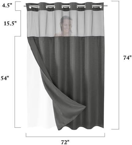Gibelle No Hook Cloth Charcoal Grey Shower Curtain with Liner, 72x74