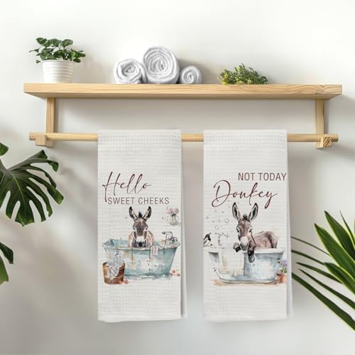 Funny Donkey Hand Towels, Hello Sweet Cheeks Bathroom Decor, Donkey Gifts Decorative Hand Towels for Washroom Restroom, Farmhouse Hand Tea Towels for Bathroom, 16x24 Inch Set of 2