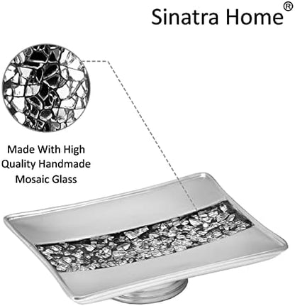 Zahari Home 4pc Sinatra Stylish Bathroom Accessories Set Liquid Soap Dispenser, Tumbler, Tooth Brush Holder and Soap Dish Modern Classic Luxury Decor Bling Mosaic Glass Silver Bathroom Accessories