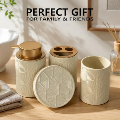 Ceramic Bathroom Accessory Set 4 Pcs with Lotion/Soap Dispenser, Toothbrush Holder, Soap Dish, Tumbler, Modern Scandinavian Bathroom Decor and Storage Set, Easy to Clean, Creamy, Beige