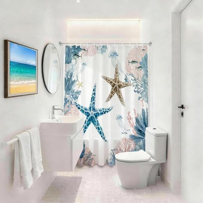 Coral Beach Shower Curtain for Bathroom, Ocean Coastal Theme, 72x72 In