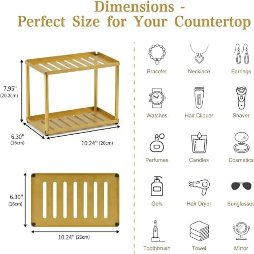 2 Tier Bathroom Counter Organizer, Rectangular Vanity Organizer Shelf, Skincare and Makeup Countertop Storage Rack for Kitchen, Bathroom, Bedroom Gold